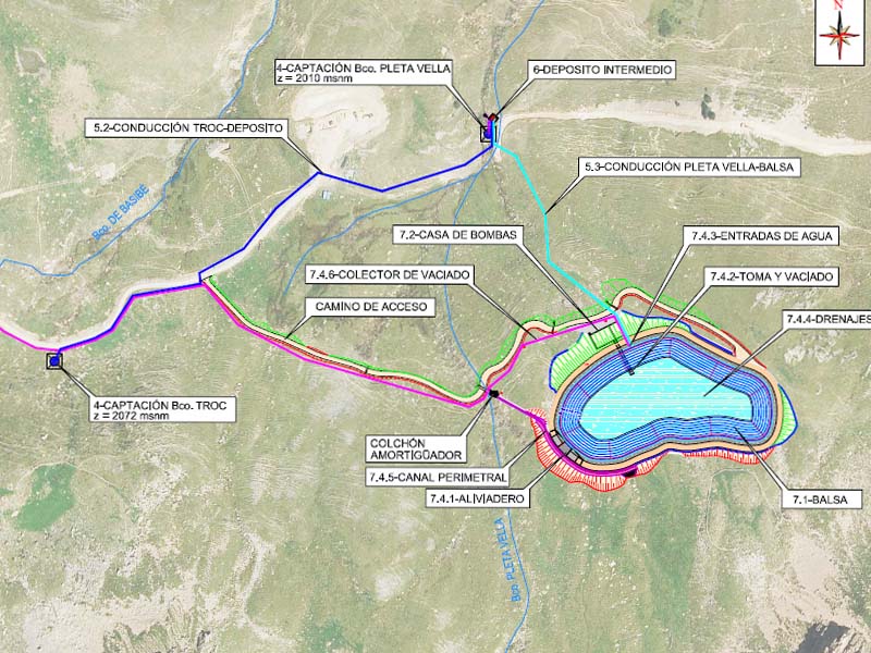 Redacción del proyecto constructivo para la ejecución de las obras relativas a la captación de agua y balsa de regulación con destino a innivación artificial en la estación de esquí de Cerler zona CASTANESA (Huesca).  (1464)